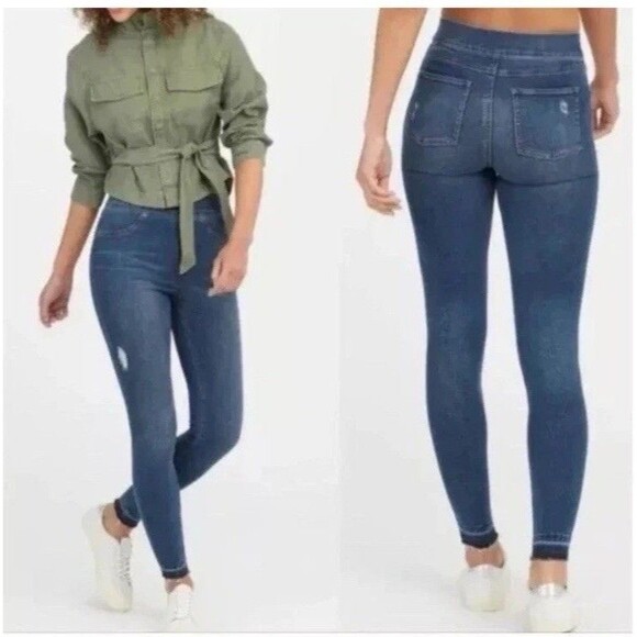 SPANX Pull On Jeans Small Medium Wash Skinny Jeggins Stretch Distressed New $128 - Picture 1 of 10